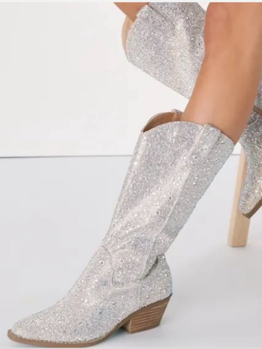 Betsey Johnson SB-Dalas Silver Rhinestone Pointed-Toe Western Boots Size 6.5